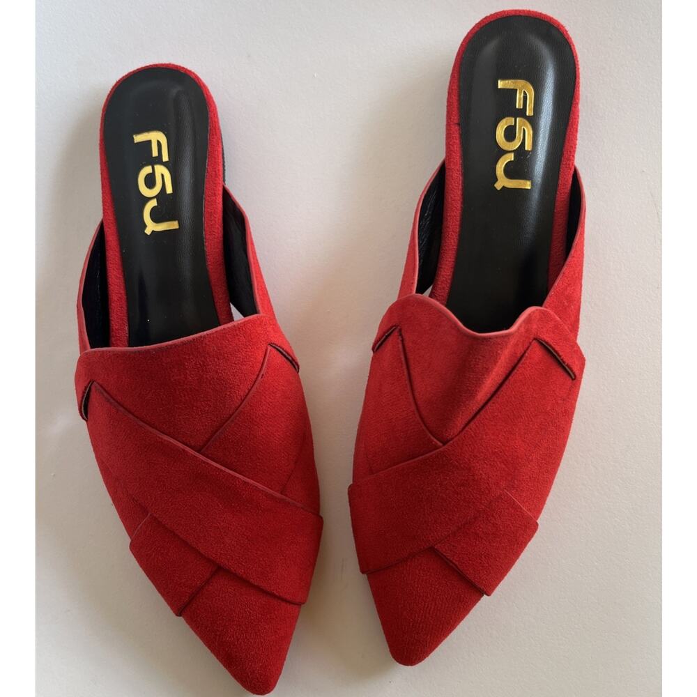 FSJ Lipstick Red Pointed Toe Mule – Women’s Size 9 – Vegan Suede – NWOB